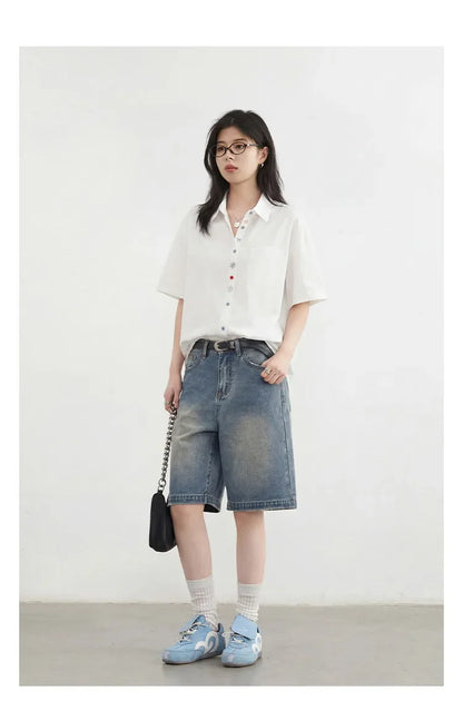 Fashion Women Shirt Short Sleeve Loose Casual Design Button Embroidered Placket Female Blouses Cotton Coat Summer 2026