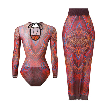 S - XXL Printed Long Sleeve With Sarong One Piece Swimsuit Women Swimwear Female Flowers Padded Bather Bathing Suit Swim V7181