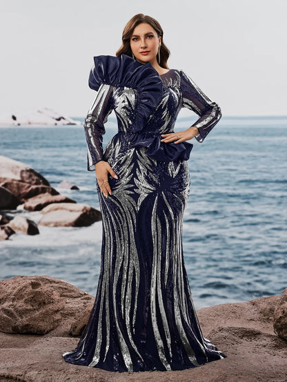 Plus Size Luxury Ruffled Sequins Evening Dresses Elegant Long Sleeve Mermaid Formal Wedding Party Cocktail Gowns