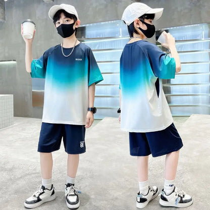 Summer Boys Gradient Quick-dry T-Shirt Top+Shorts Pant Sportswear Set School Kids 2PCS Tracksuit Children Jersey Outfit 5-16 Yr