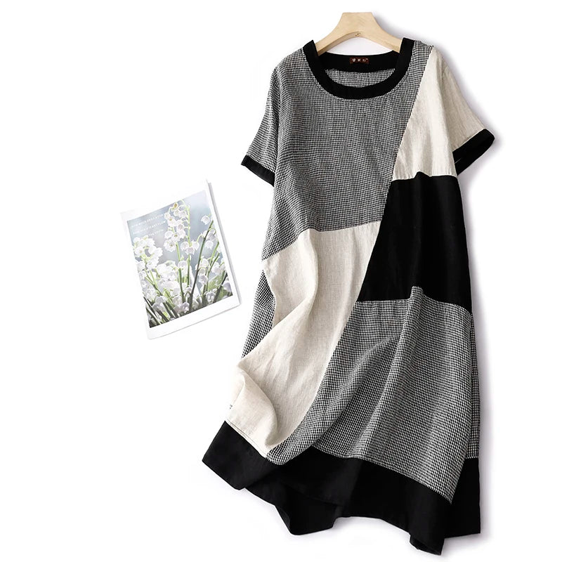 Summer Casual Loose Women's Plaid Linen Dr Design Sense Color Blo Mid-Length Slimming A-Line Skirt Korean Sle Commute