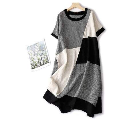 Summer Casual Loose Women's Plaid Linen Dr Design Sense Color Blo Mid-Length Slimming A-Line Skirt Korean Sle Commute