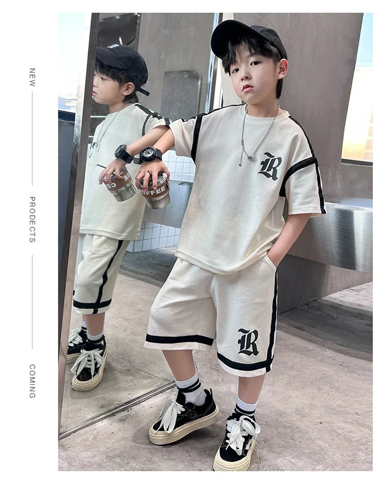 2025 Kids Summer Clothing Boys Top and Bottom Set Beige Black Color T-shirt Shorts 2PCS Tracksuit Set Teens Child Casual Outfit