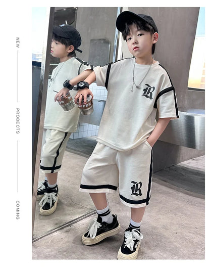 2025 Kids Summer Clothing Boys Top and Bottom Set Beige Black Color T-shirt Shorts 2PCS Tracksuit Set Teens Child Casual Outfit