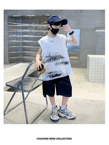 New Summer Children High Quality Cotton Clothing Set for Kids Boy Sleeveless Tshirt And Denim Shorts 2 Pieces Top Bottom Suit