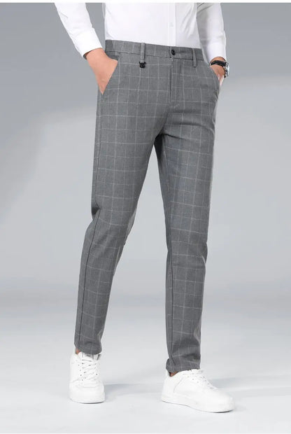 Autumn Winter Men's Business Casual Plaid Pants Korean Fashion Stretch Slim Fit Suit Pants Male Office Formal Versatile Trouser