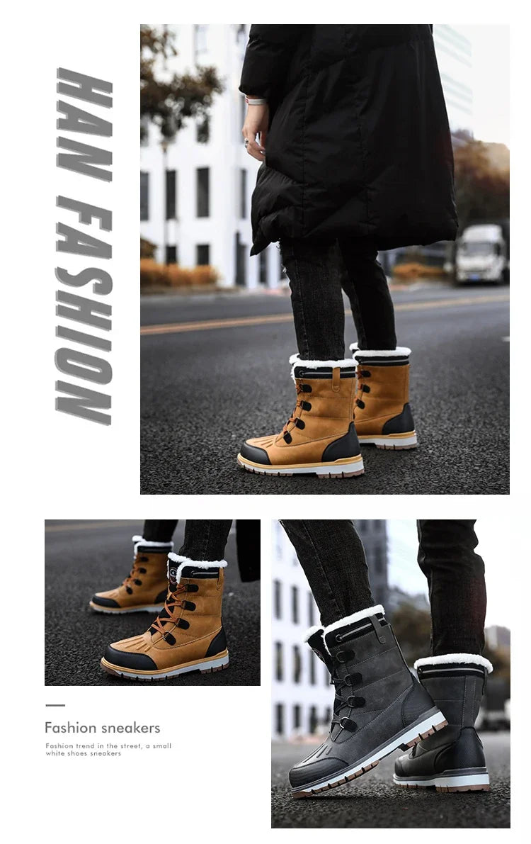 Fashion Men's Winter Boots Warm Fur High-top Snow Boots Men Waterproof Leather Platform Boots Outdoor Non-slip Men Winter Shoes