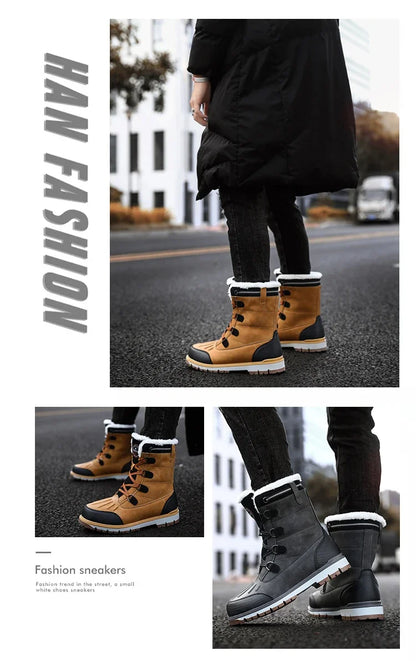 Fashion Men's Winter Boots Warm Fur High-top Snow Boots Men Waterproof Leather Platform Boots Outdoor Non-slip Men Winter Shoes