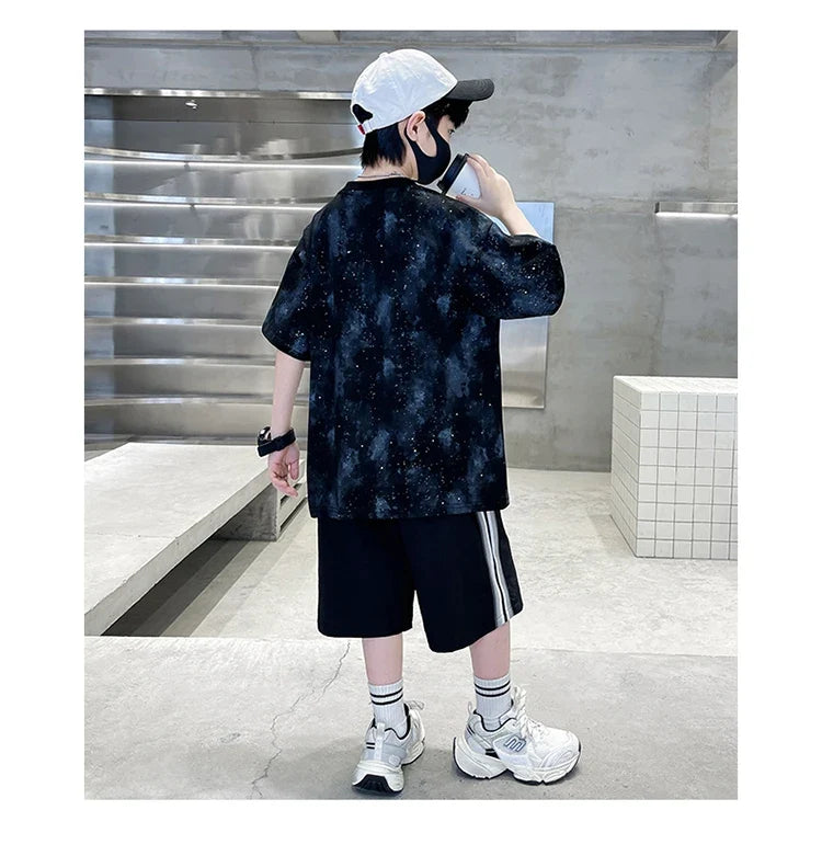 New Casual Boys Cotton Top summer Bottoms Clothes Set for Teenager Child Fashion Outfit Kids T-shirt Shorts Two Pieces Clothing