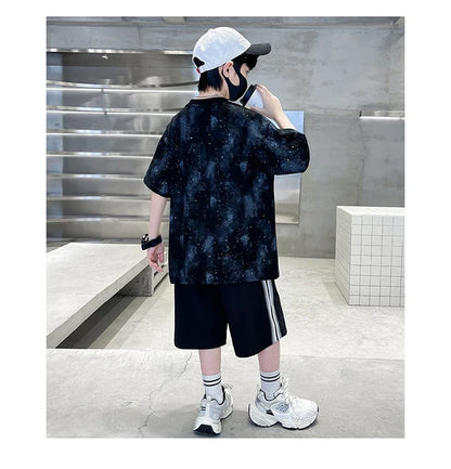 New Casual Boys Cotton Top summer Bottoms Clothes Set for Teenager Child Fashion Outfit Kids T-shirt Shorts Two Pieces Clothing
