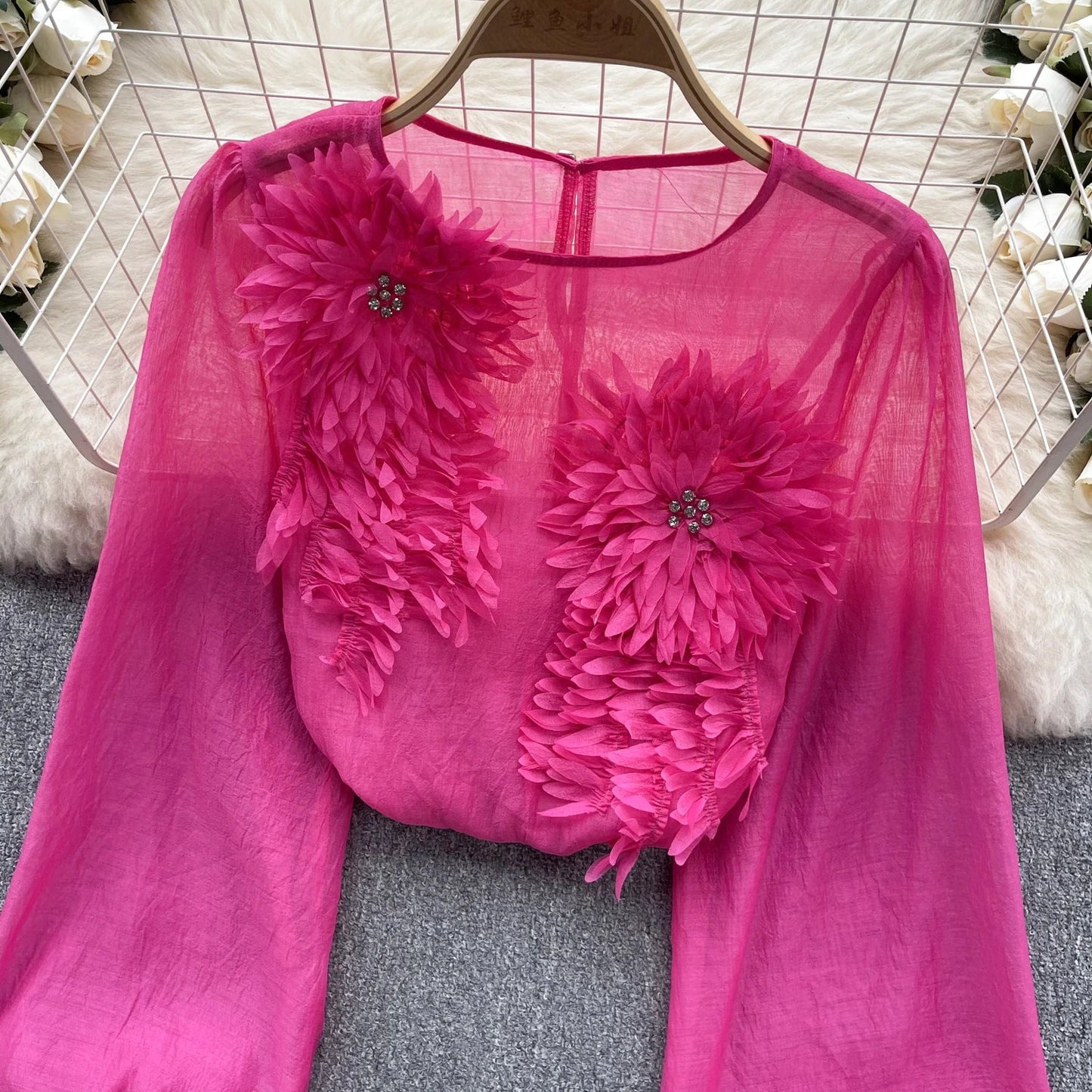 Spring Loose Satin Blouse Women O Neck Long Sleeves Sheer Bohemian Top 2024 Transparent 3D Floral Casual Shirt