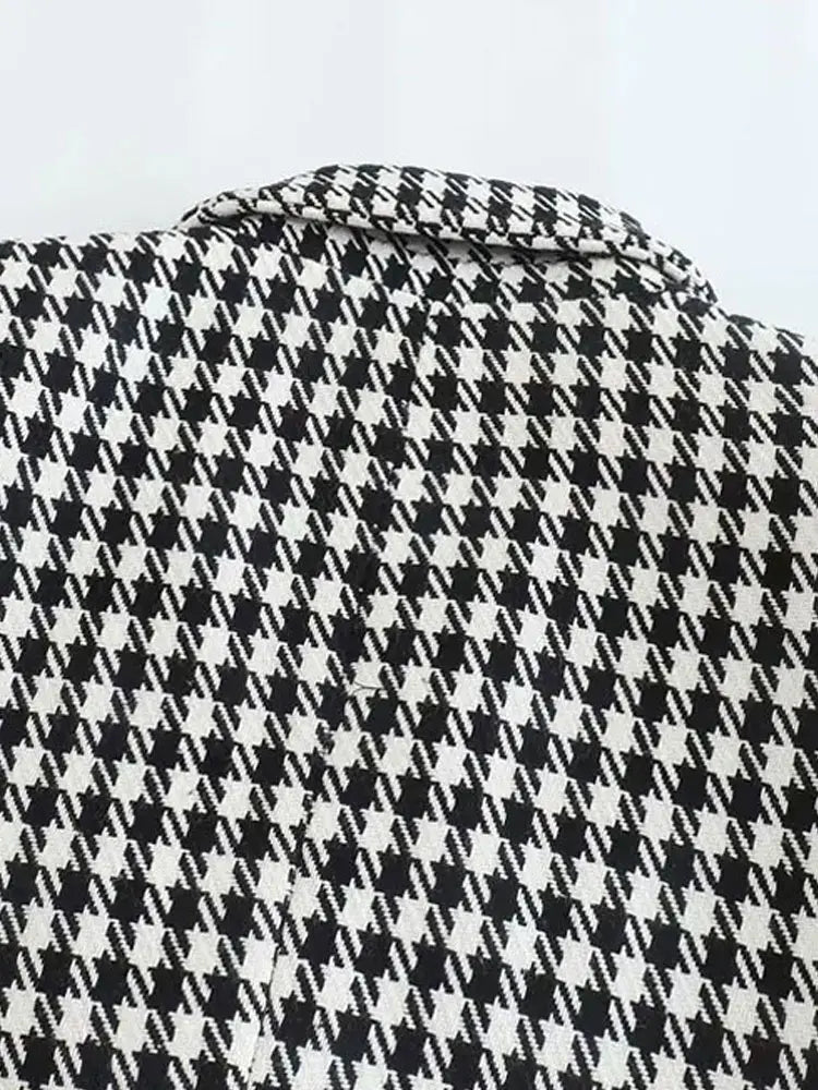 Women Fashion Double Breasted Houndstooth Blazer Coat Vintage Long Sleeve Flap Pockets Female Outerwear Chic Vestes