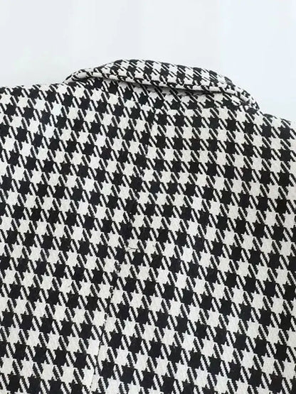Women Fashion Double Breasted Houndstooth Blazer Coat Vintage Long Sleeve Flap Pockets Female Outerwear Chic Vestes