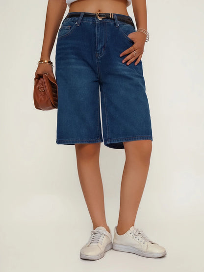 Women's Loose Fit Casual Denim Shorts Deep Blue American Style Spring Summer Suitable All-Match Ladies Jeans Shorts