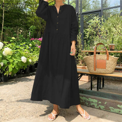 Women's Elegant Solid Cotton Robe Femme 2022 Spring Autumn Bohemian Maxi Dress ZANZEA Casual Long Sleeve Shirt Dresses Oversized