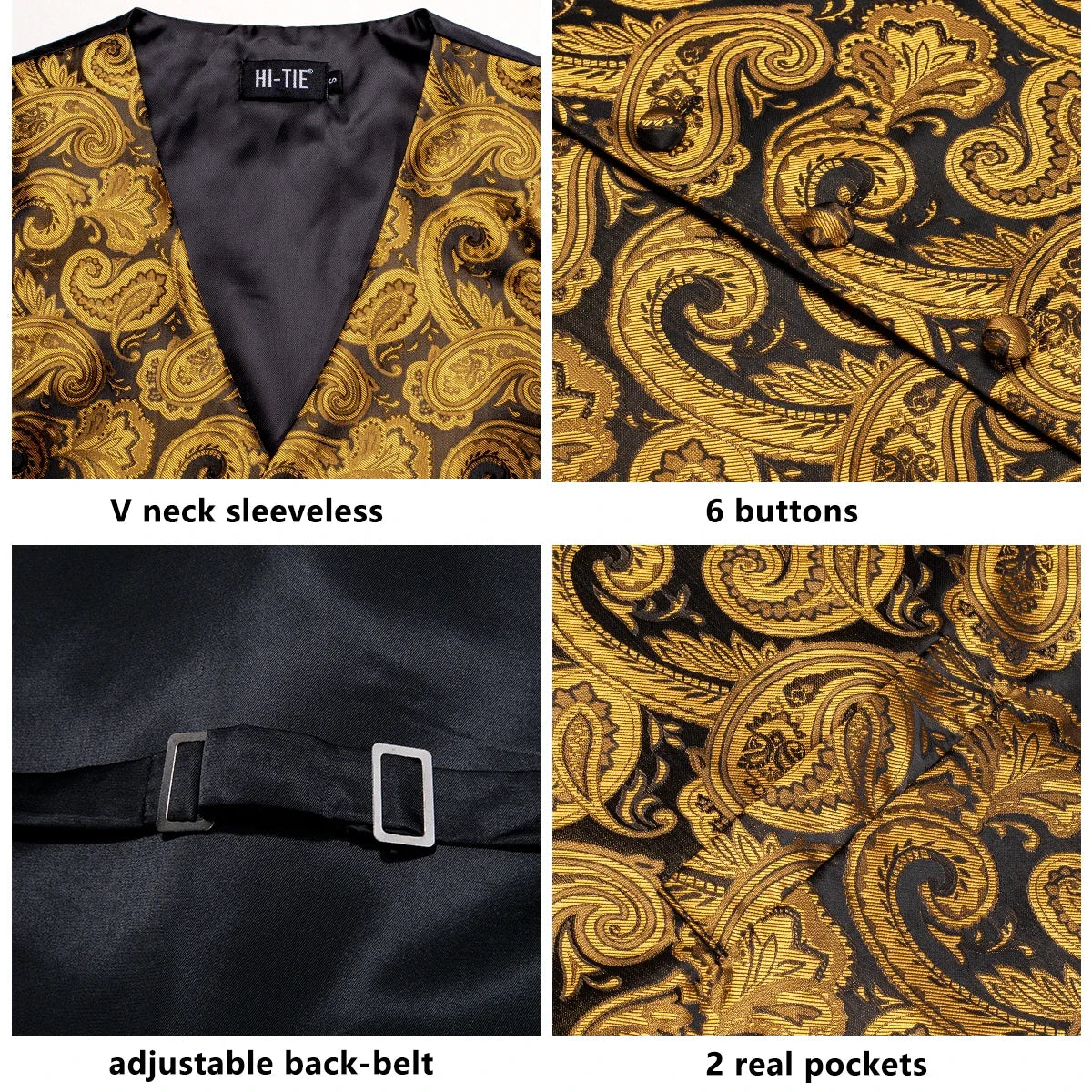 Silk Mens Waistcoat Tie Set Gold Brown Orange Beige Ivory Khaki Bronze Sleeveless Jacket Suit Vest Necktie Hanky Cufflink