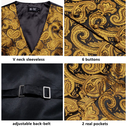 Silk Mens Waistcoat Tie Set Gold Brown Orange Beige Ivory Khaki Bronze Sleeveless Jacket Suit Vest Necktie Hanky Cufflink