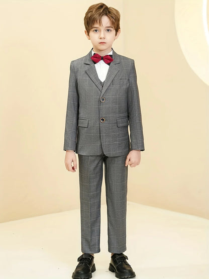 Boys Plaid Suit 3 Piece Jacket Vest Pants Wedding Birthday Party Ceremony Competition Size 4-16Y Teen Suit