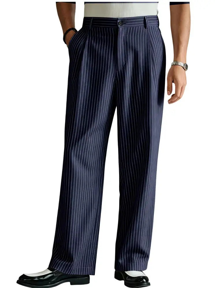 Vintage Men Pants Thin Slacks Business Striped Trousers High Waist Pleated Wide Leg Loose Straight Casual Office Wedding