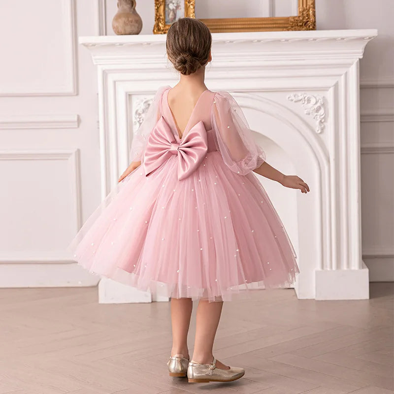Summer New Girl 4-8Y Seven Sleeve Puff Skirt Dreamy Children's Dress Birthday Party Flower Girl Princess Dress
