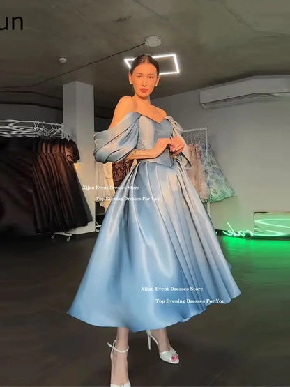 Princess Blue Long Evening Dresses Off The Shoulder A-Line Formal Prom Gowns Sweetheart Birthday Party Dresses Customized