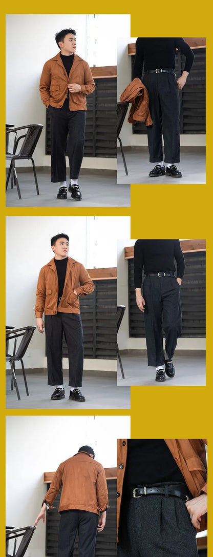 Cashmere Edition Men's Hollywood-Style Loose-Fit Slightly Flared Casual Pants Wool Flannel Trousers Vintage-Style Dress Pants