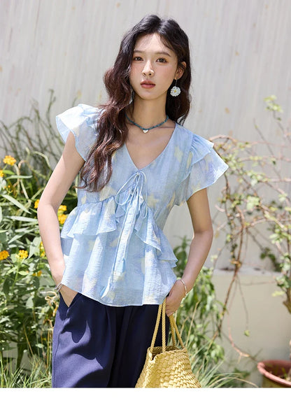 Blue Double-layer Ruffled Linen V-neck Blouse for Women Summer 2025 Slim Flying Sleeve Breathable Lace-up Tops MXE33X1819