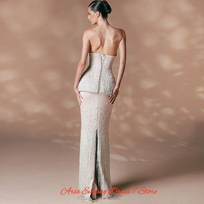 Exquisite Jersey Strapless Crystal Customized Evening Dress Classic Tassel Bridal Party Delicate Lace Up Back Celebrity Gowns