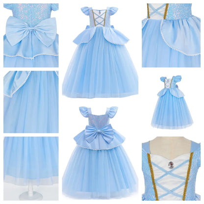 2026 Girl's Princess Cinderella Costume Classic Style Blue Ball Gown Dress Up with White Led Lights Outfit Dresses for Girls