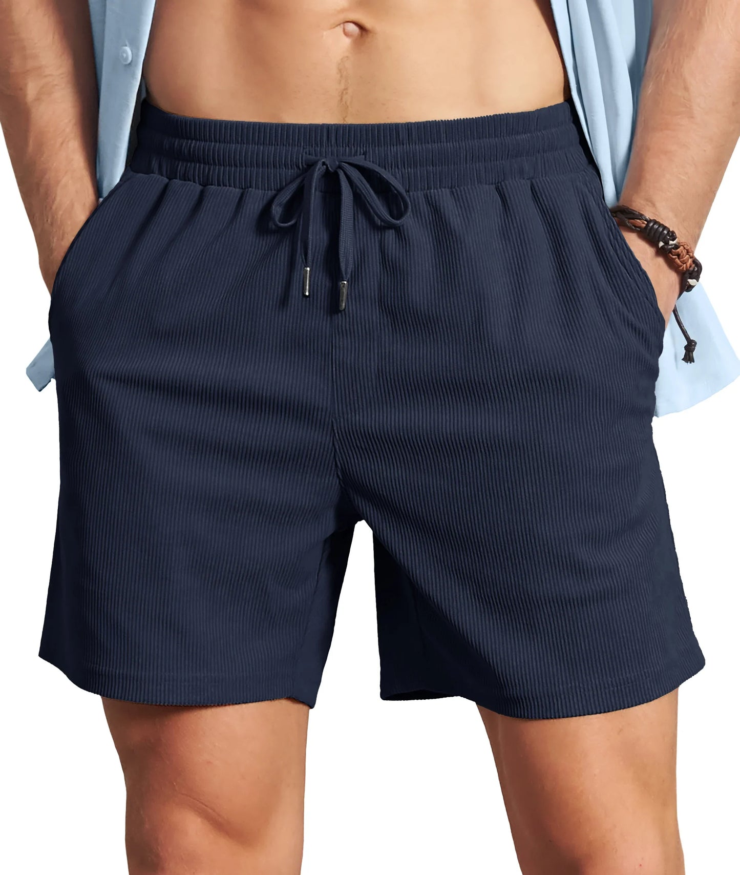 Men's Corduroy Texture Casual Shorts 6" Inseam for Summer Beach Vacation Elastic Waist Drawstring Lightweight Pockets