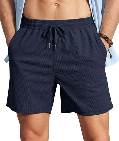 Men's Corduroy Texture Casual Shorts 6" Inseam for Summer Beach Vacation Elastic Waist Drawstring Lightweight Pockets