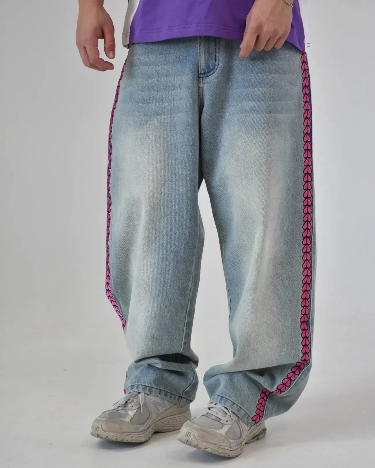 D4C JoJo  Y2K Men High Waist Baggy Jeans Women Pink Heart Side Embroidery Loose Fit Washed Denim Pants Streetwear Wide Leg Pants