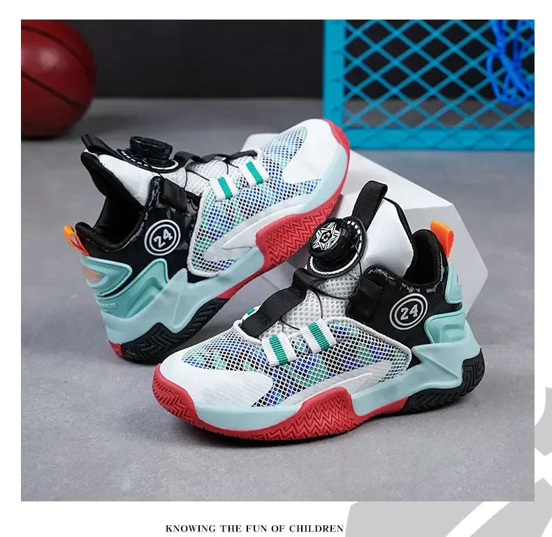 Boys Girls Quick Twist Lace Basketball Shoes Wear Resistant Comfortable Outdoor Athletic Footwear