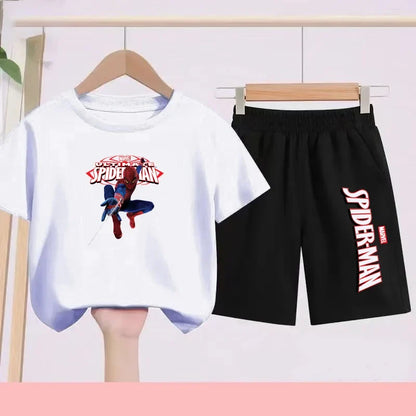 2026 Children's Sports Outfit with Spider Pattern Cartoon Print - T-shirt + Shorts Set, Suitable for Children Aged 3 To 13.