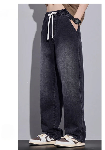 Men's Clothing Wide-leg Pants Baggy Jeans Streetwear Straight Fashion Denim Trousers Y2k Vintage Washed Elastic Waist Man Pants