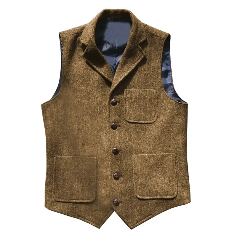 Men Vest Brown With Lapel Pocket Single Button Waistcoat For Wedding Birthday Formal Business Casual Banquet Work Men Suit