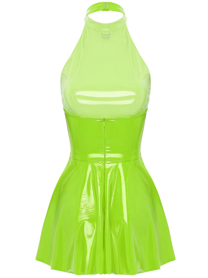 Womens Glossy Patent Leather Glossy Mini Skater Dress Halter Backless Bodycon Lingerie A-Line Dresses Rave Disco Party Clubwear