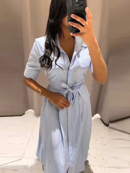 Elegant Women's Striped Long Dress Summer Lace Up Turn-Down Collar Single-breasted Blue A-line Dresses 2026 Lady Holiday Robes