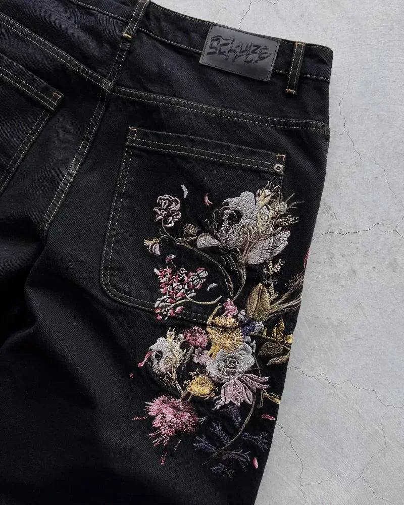 blossom embroidered pattern jeans Y2K loose men women zipper jeans wide leg pants Gothic Harajuku American style streetwear