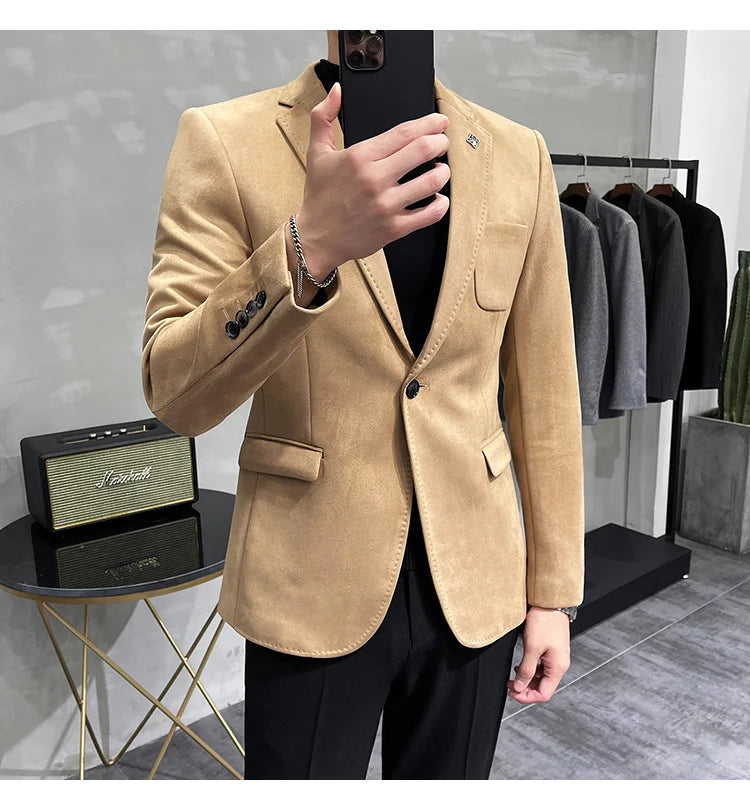 Deerskin Leather Jacket Blazer Men Casual Slim Fit Blazer Hombre Suit Leather Jacket Men Terno Masculino Men Clothing 6 Color