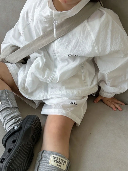 Korean Boy Girl White Clothing Set 2026 kid Summer Fashion Sunscreen Lightweight Long Sleeved Zippered Jacket + Shorts 2pcs Suit