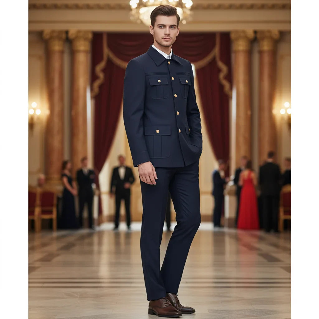 blue Elegant man suit Classic Fit Multi Buckle Multi Pocket Solid Color Casual Business Set Men's 2-piece Set