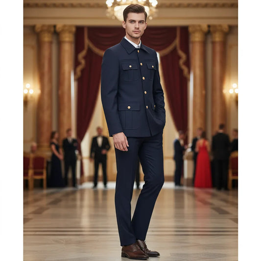 blue Elegant man suit Classic Fit Multi Buckle Multi Pocket Solid Color Casual Business Set Men's 2-piece Set