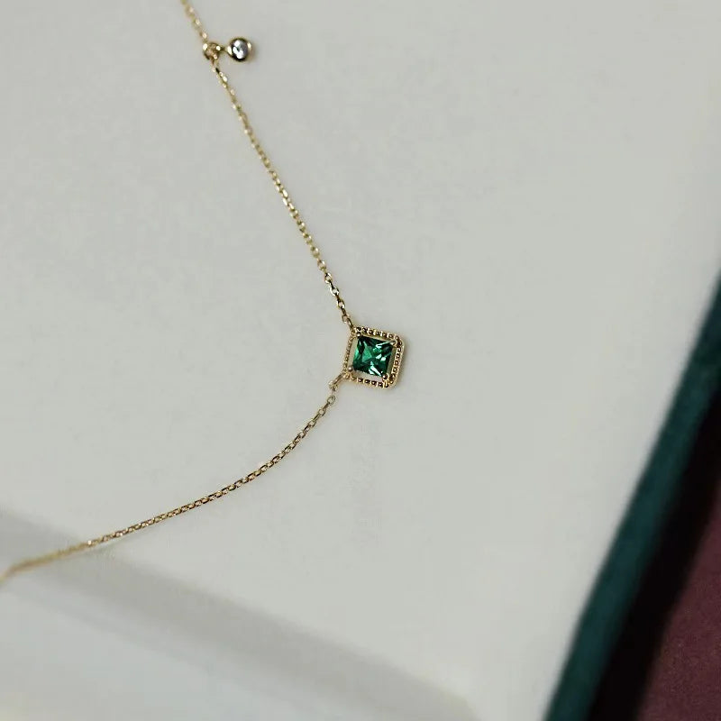 S925 Sterling Silver Simple Emerald Crystal Chain  Necklace  Women Light Luxury Temperament Plating 18k Gold Jew   style