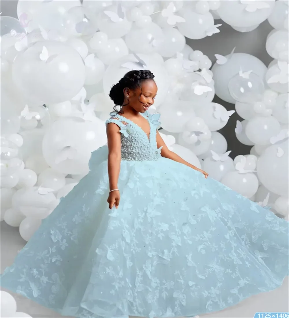 White V-neck Luxury Flower Girl Dresses For Wedding Butterfly Appliques Pearl Child Birthday Party First Holy Communion Gown