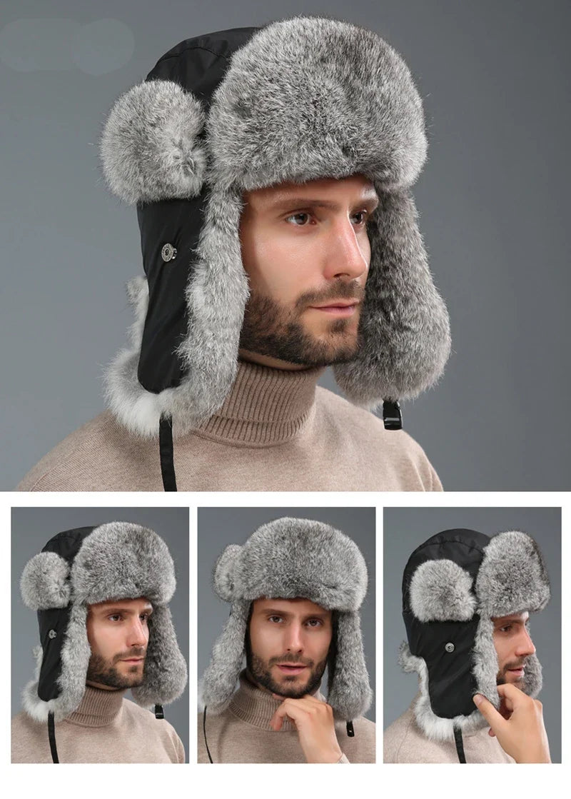 Russia Winter Real fur Hat Unisex Outdoor Windproof Super Warm Real Rabbit Fur Bomber Hats Natural Soft Natural Rabbit Fur Caps