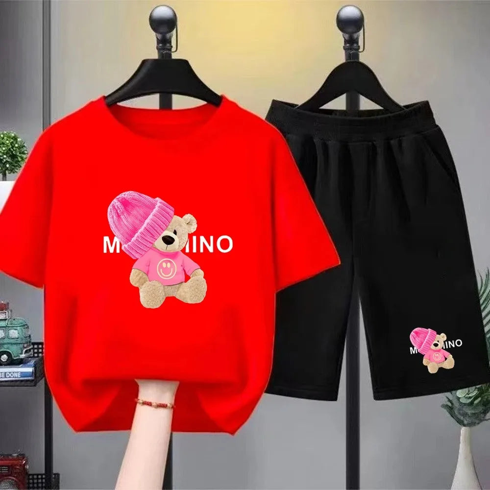 Children's Fashion Summer Clothes Set Loose Fit Cotton Tee + Elastic Waist Shorts for Boys Girls Outdoor Wear