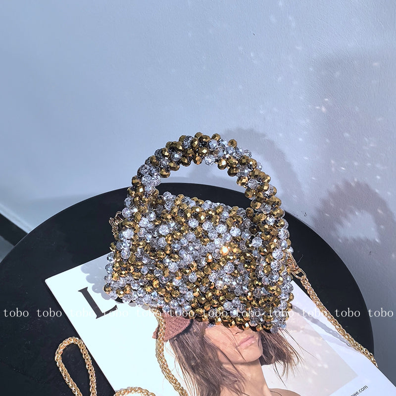 Crystal Bling Handmade Party Lunch Bags Unique Shiny Women's Handbag 2023 Trendy Female Sliver and Golden Long Belt Wallet