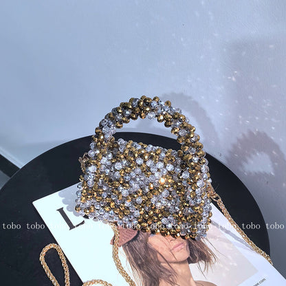 Crystal Bling Handmade Party Lunch Bags Unique Shiny Women's Handbag 2023 Trendy Female Sliver and Golden Long Belt Wallet
