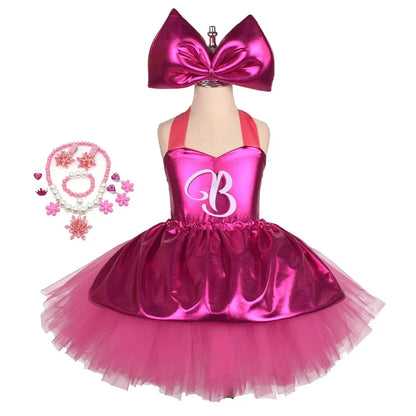 Princess Girls Rosy Knee Length Letter B Tutu Dresses for Girl Birthday Party Halloween Christmas Costumes Margot Robbie Cosplay
